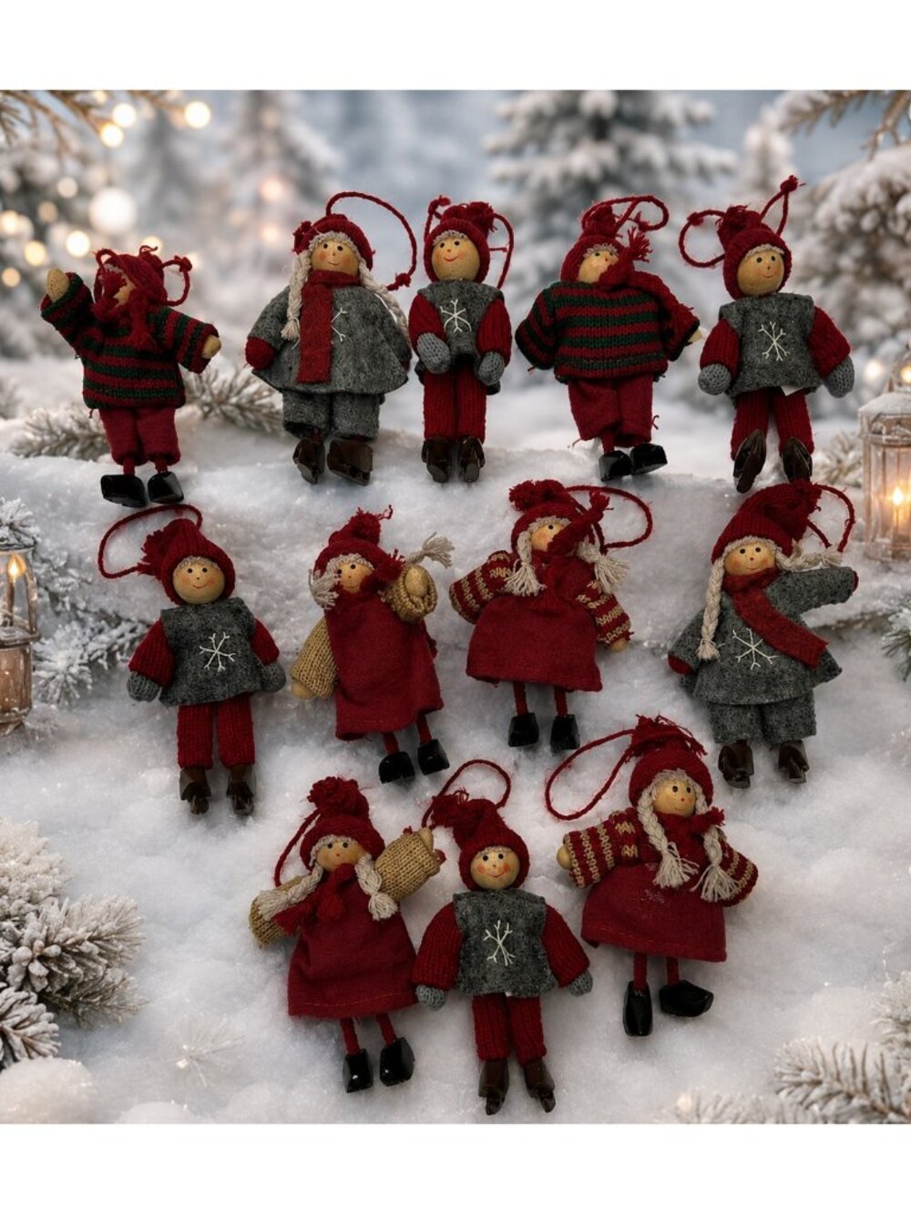 Vintage Set of 12 Tomte Nisse Boys Girls Wooden Felt Handmade Ornaments Holiday